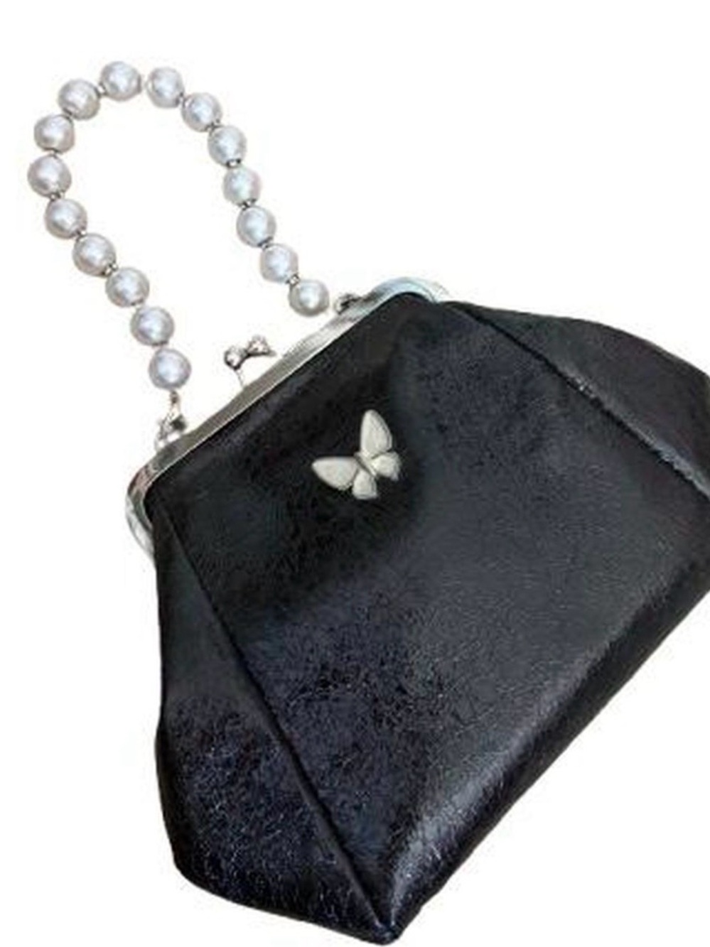 Black Evening Clutch with Pearl Handle and Butterfly Accent
